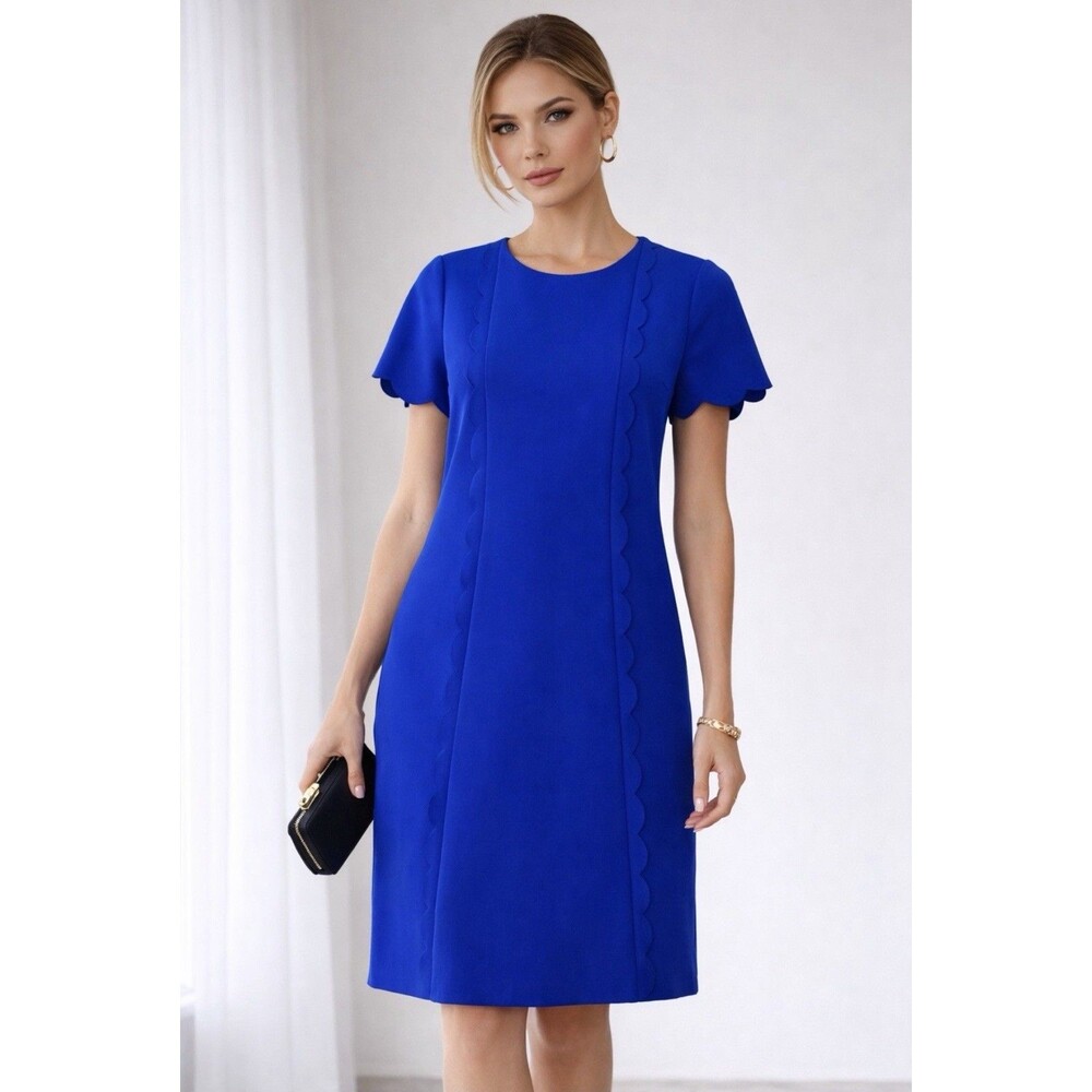 Tahari Arthur S Levine Royal Blue Scalloped Shift Dress Short Sleeves Spring Sz8